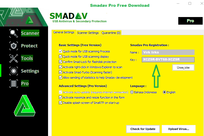 key licence to register smadav pro version